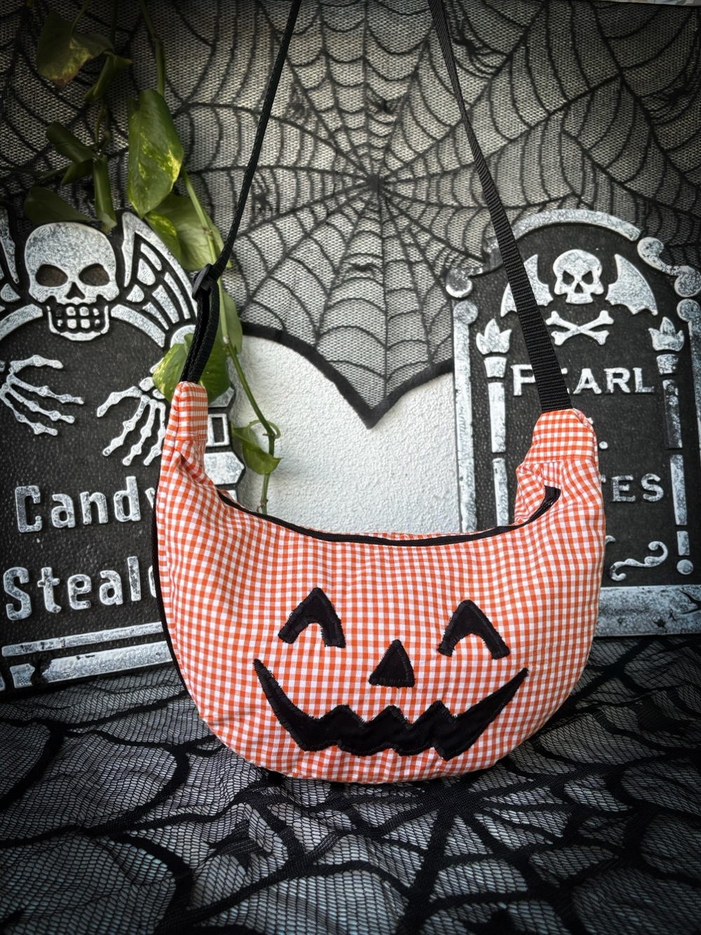 Handmade Halloween Pumpkin Crossbody Bag - Orange Gingham Kids Costume Accessory